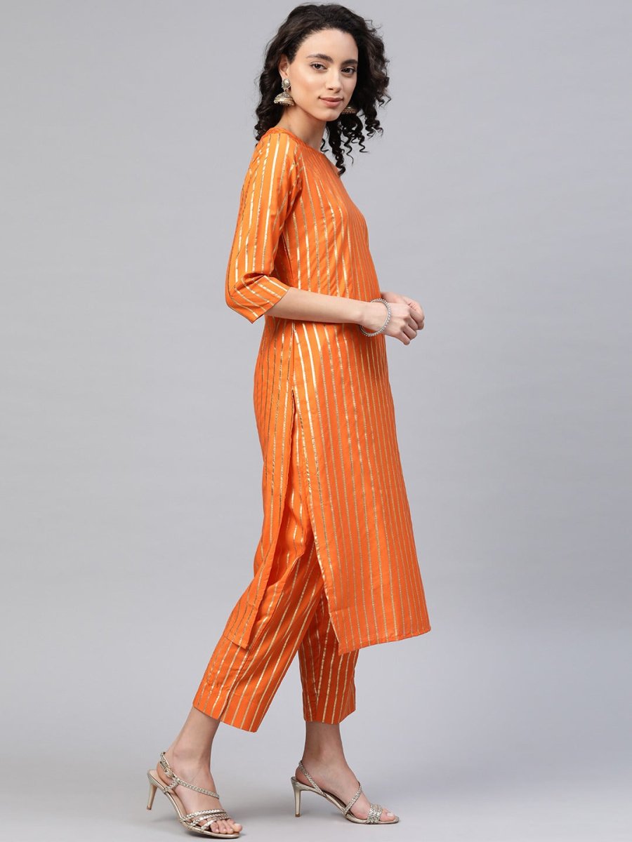 Ahalyaa Women Orange & Golden Striped Kurta With Trousers & Dupatta