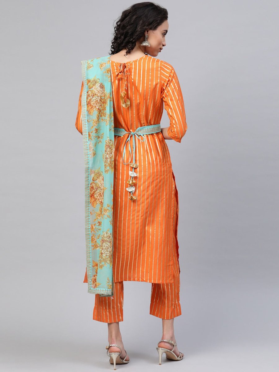 Ahalyaa Women Orange & Golden Striped Kurta With Trousers & Dupatta