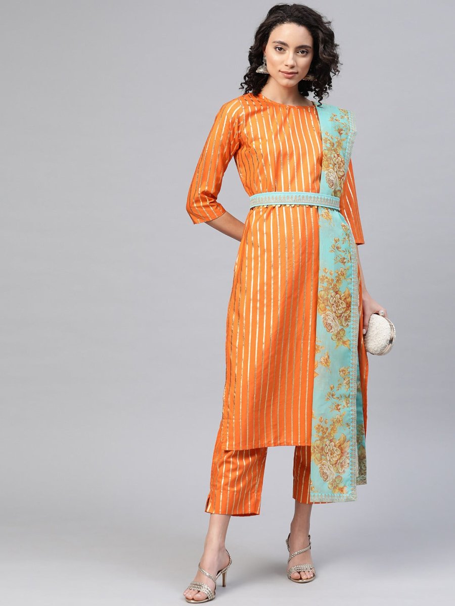 Ahalyaa Women Orange & Golden Striped Kurta With Trousers & Dupatta