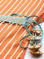 Thumbnail for Ahalyaa Women Orange & Golden Striped Kurta With Trousers & Dupatta