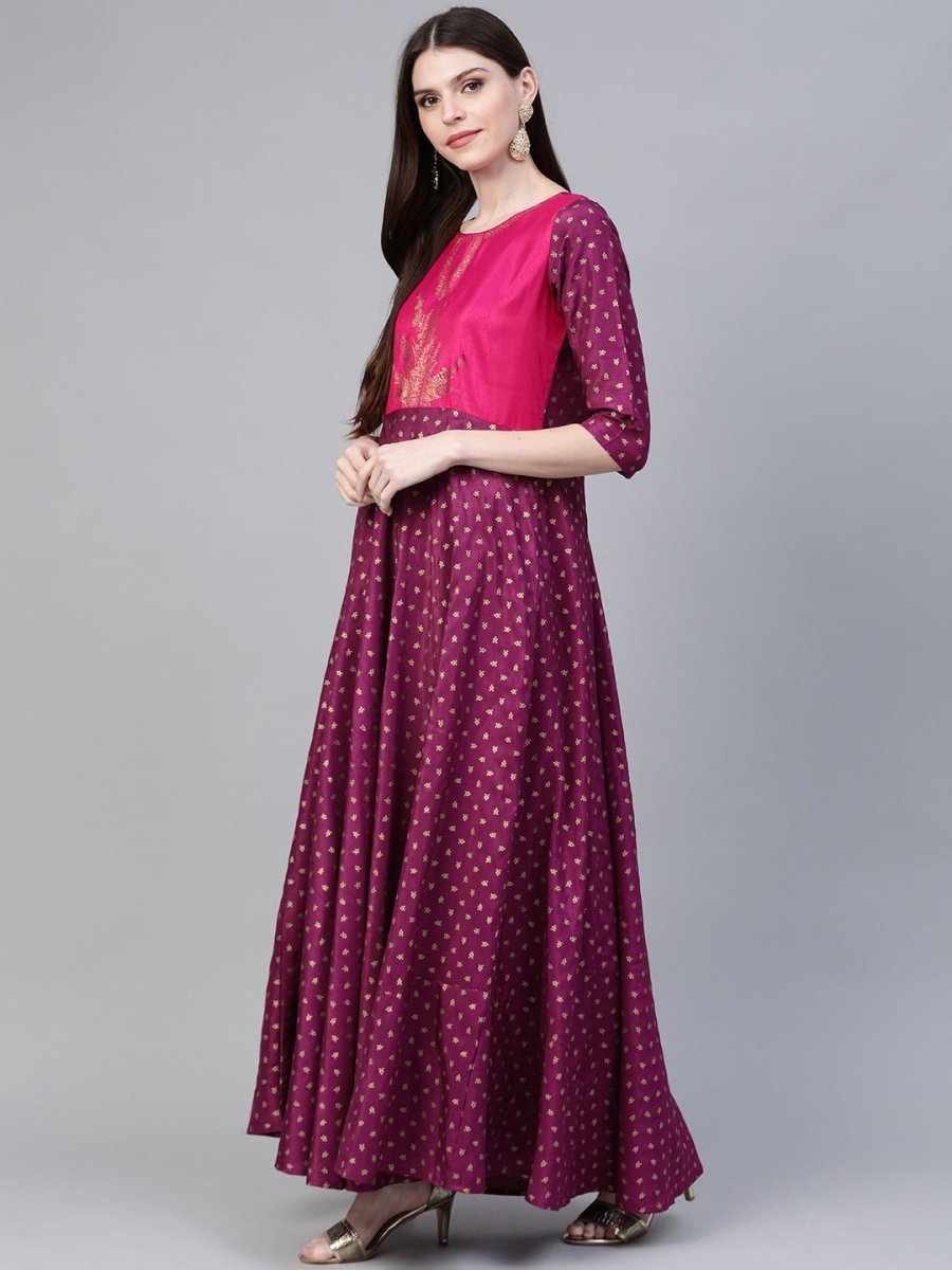 Ahalyaa Women Purple & Golden Screen Printed Maxi Dress