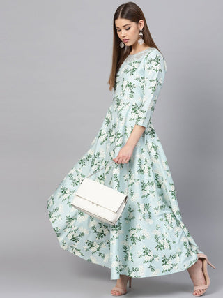 Ahalyaa Sky Blue Printed Asymmetric Kurta