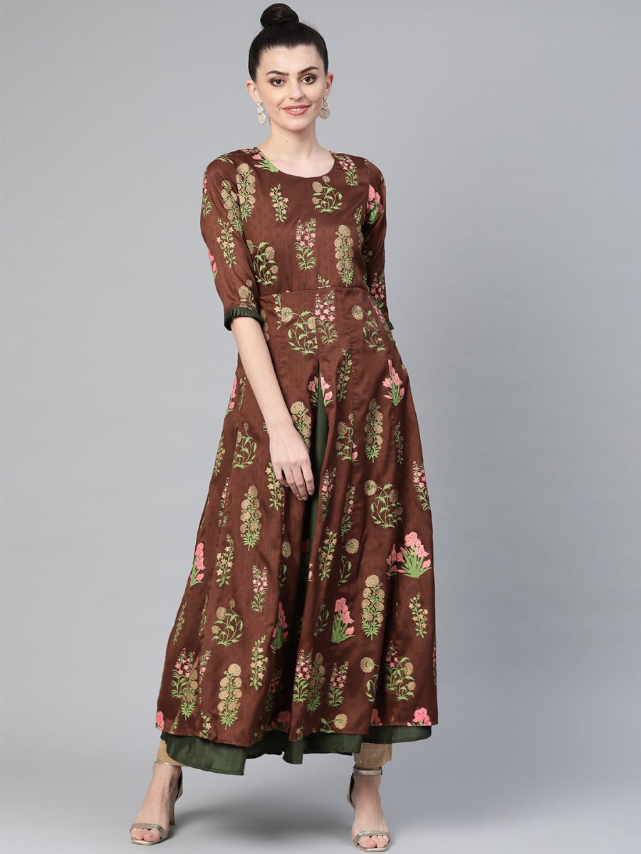 Ahalyaa Women Brown & Olive Green Floral Print Layered Anarkali Kurta