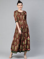 Thumbnail for Ahalyaa Women Brown & Olive Green Floral Print Layered Anarkali Kurta