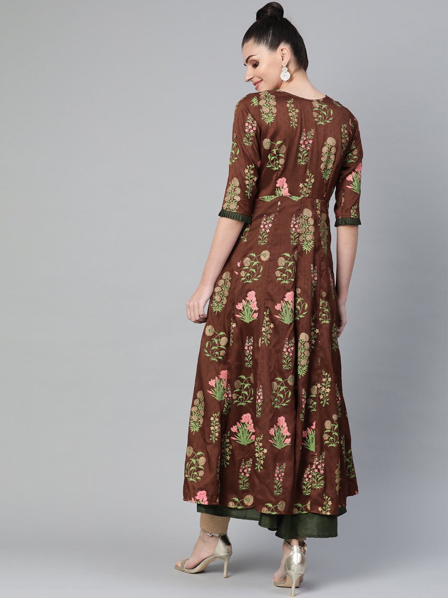 Ahalyaa Women Brown & Olive Green Floral Print Layered Anarkali Kurta