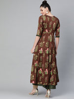 Thumbnail for Ahalyaa Women Brown & Olive Green Floral Print Layered Anarkali Kurta