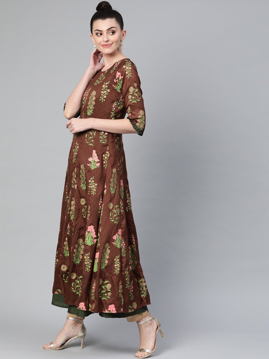 Ahalyaa Women Brown & Olive Green Floral Print Layered Anarkali Kurta