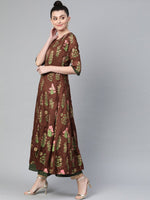 Thumbnail for Ahalyaa Women Brown & Olive Green Floral Print Layered Anarkali Kurta