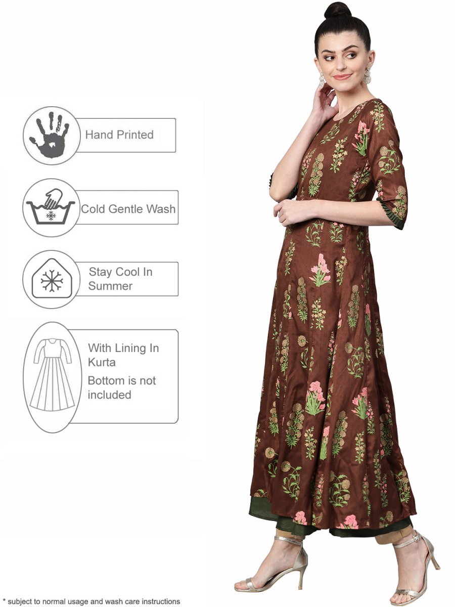 Ahalyaa Women Brown & Olive Green Floral Print Layered Anarkali Kurta