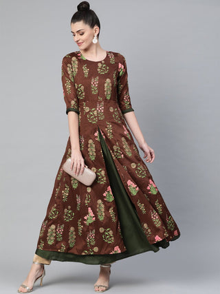 Ahalyaa Women Brown & Olive Green Floral Print Layered Anarkali Kurta