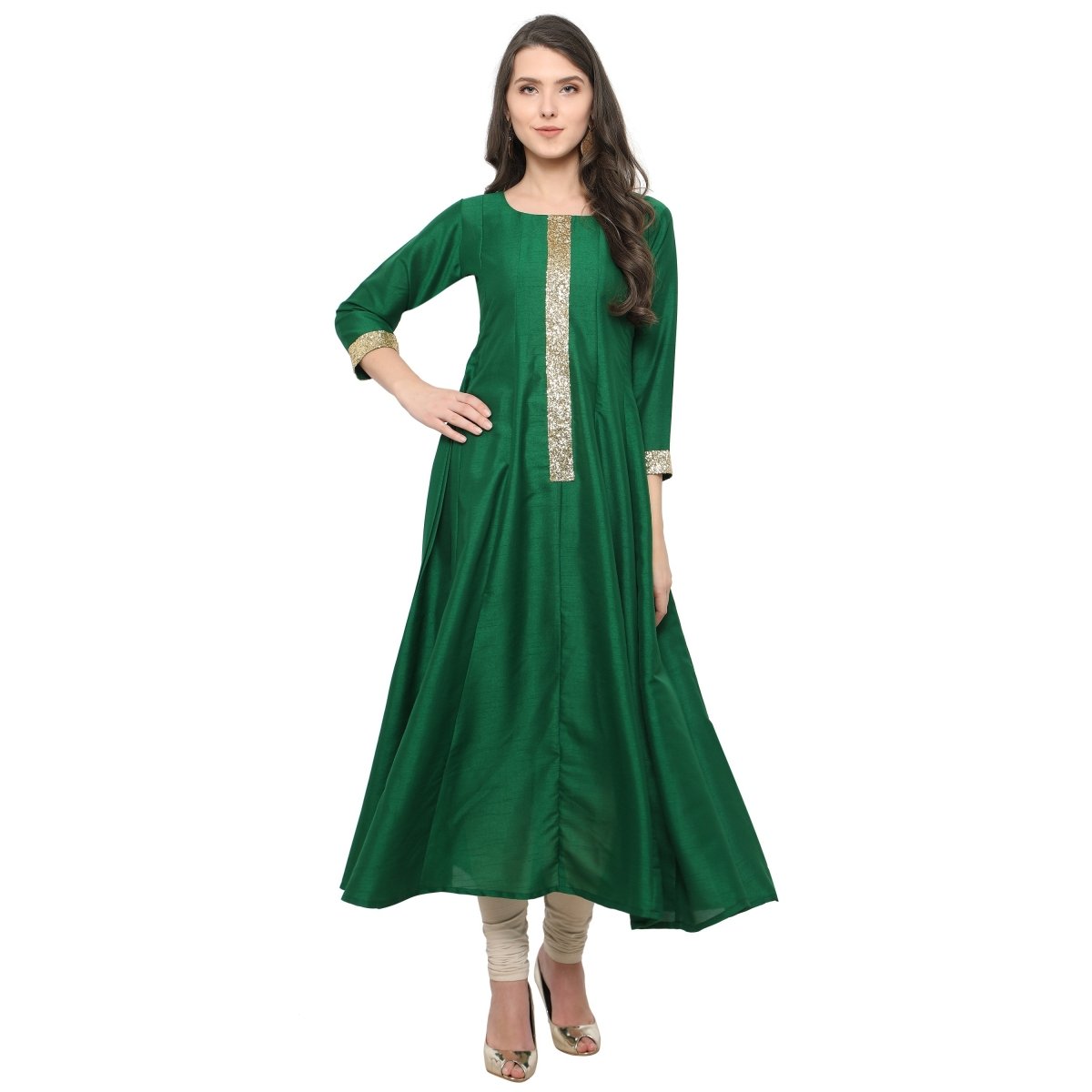 Ahalyaa Women's Green And Gold Anarkali For Festive And Party Wear