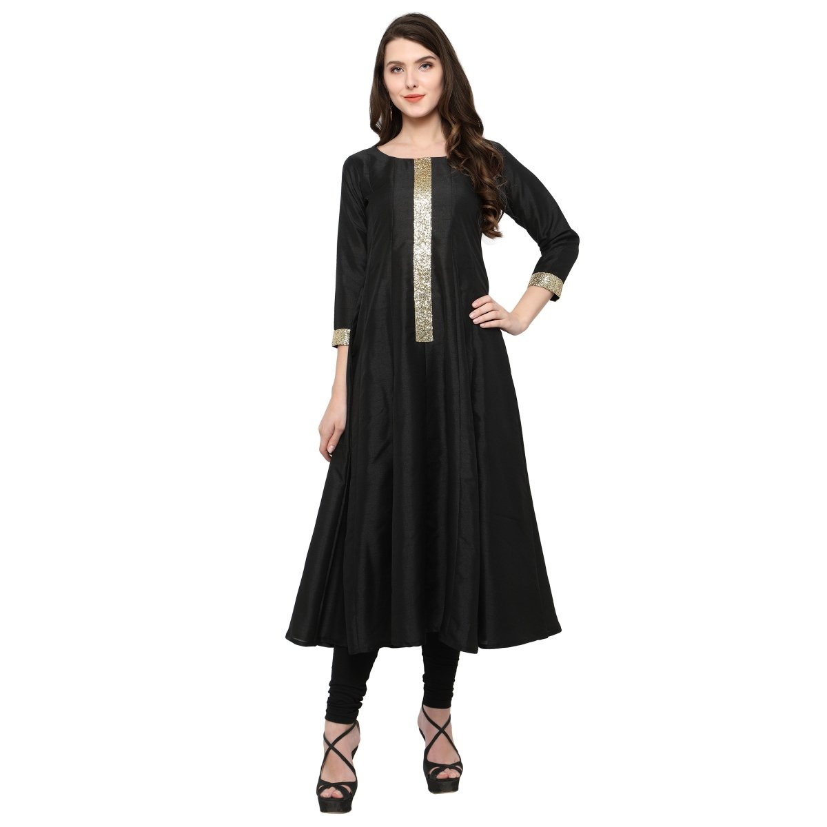 Ahalyaa Women's Black And Gold Anarkali For Festive And Party Wear