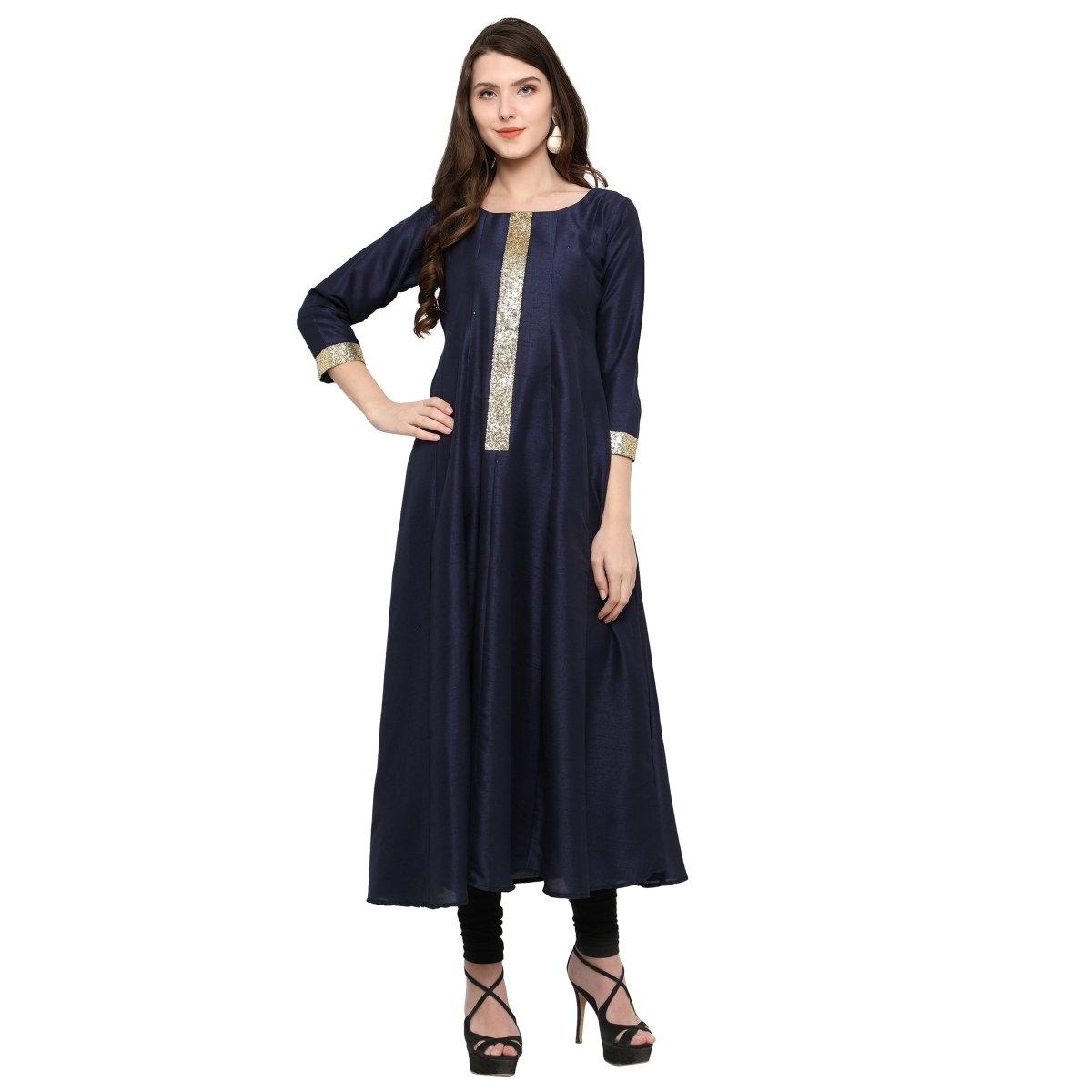 Ahalyaa Women's Navy Blue And Gold Anarkali For Festive And Party Wear