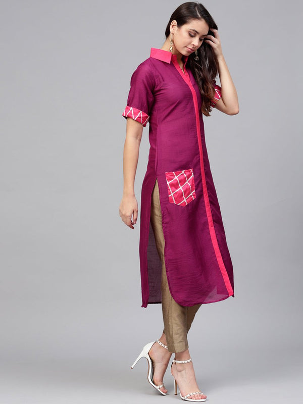 Ahalyaa Solid Straight Poly Silk Kurta