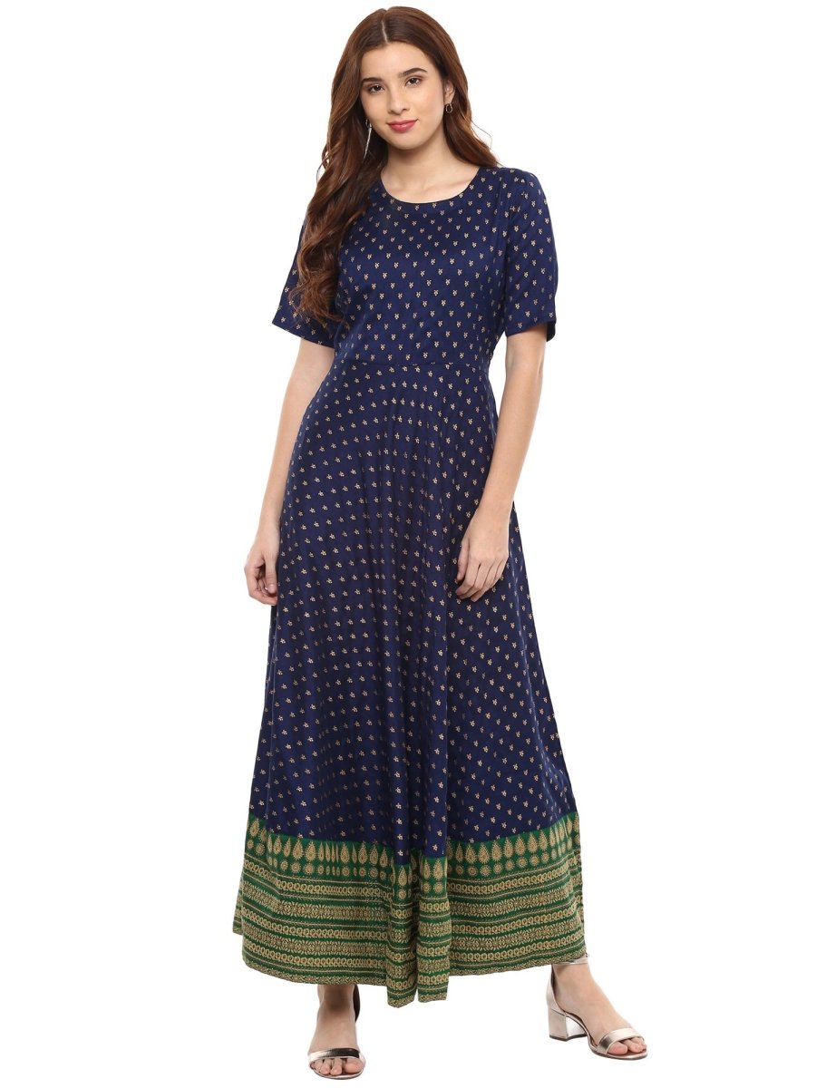 Ahalyaa Navy Blue Flared Kurta Dress