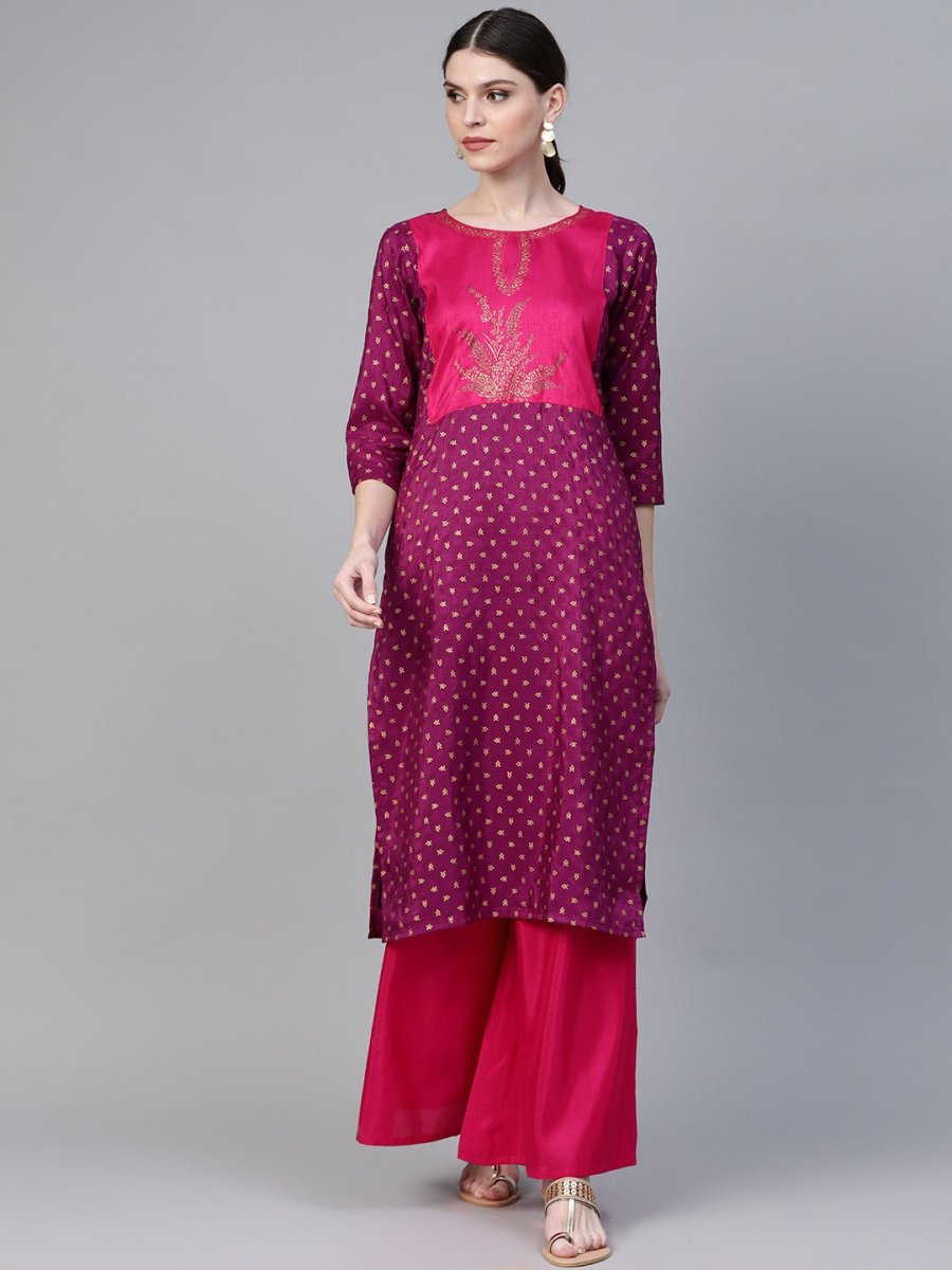 Ahalyaa Women Magenta & Pink Screen Printed Kurta with Palazzo