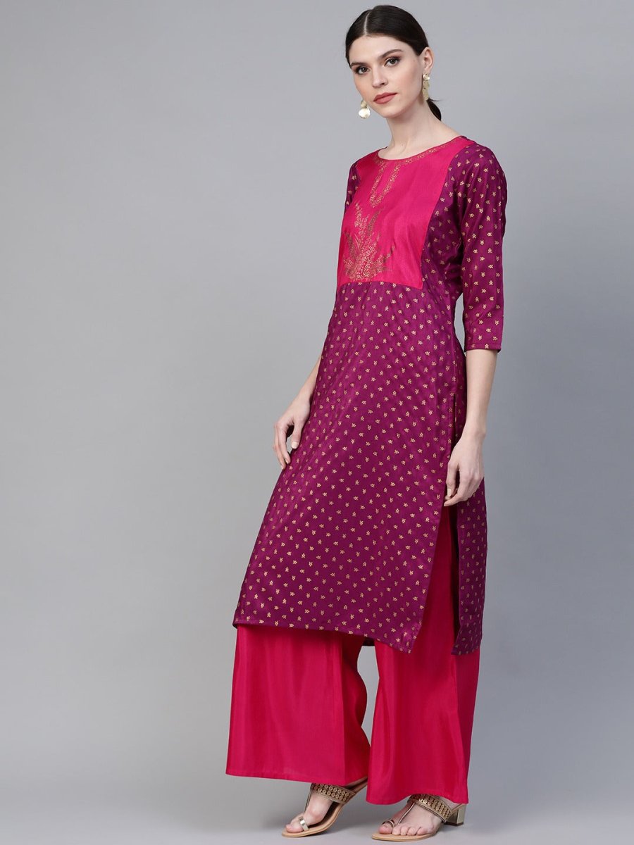 Ahalyaa Women Magenta & Pink Screen Printed Kurta with Palazzo