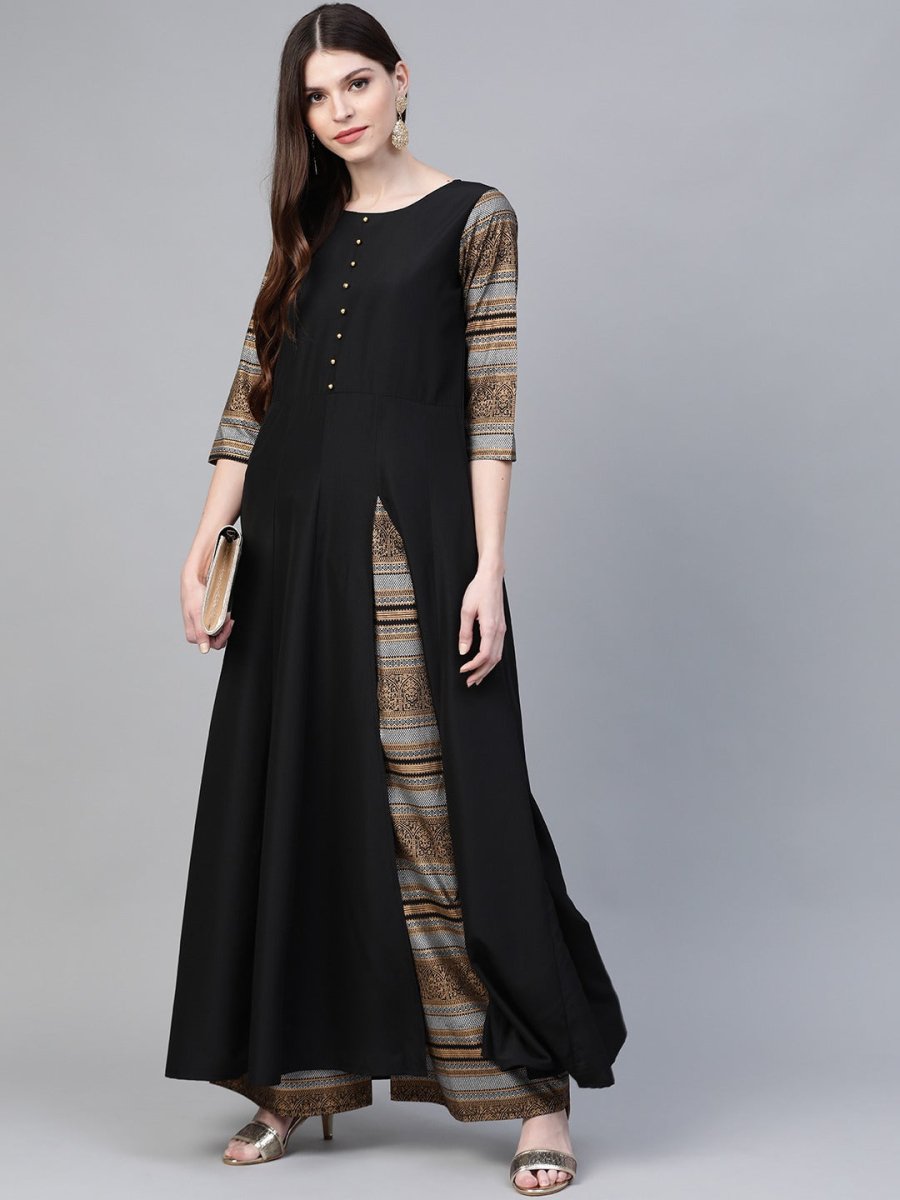 Ahalyaa Black Solid Front Slit Kurta With Palazzo