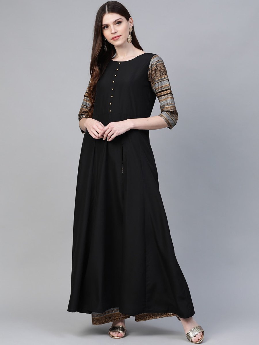 Ahalyaa Black Solid Front Slit Kurta With Palazzo