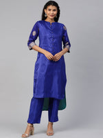 Thumbnail for Ahalyaa Women Blue & Green Solid High Low Kurta with Trousers