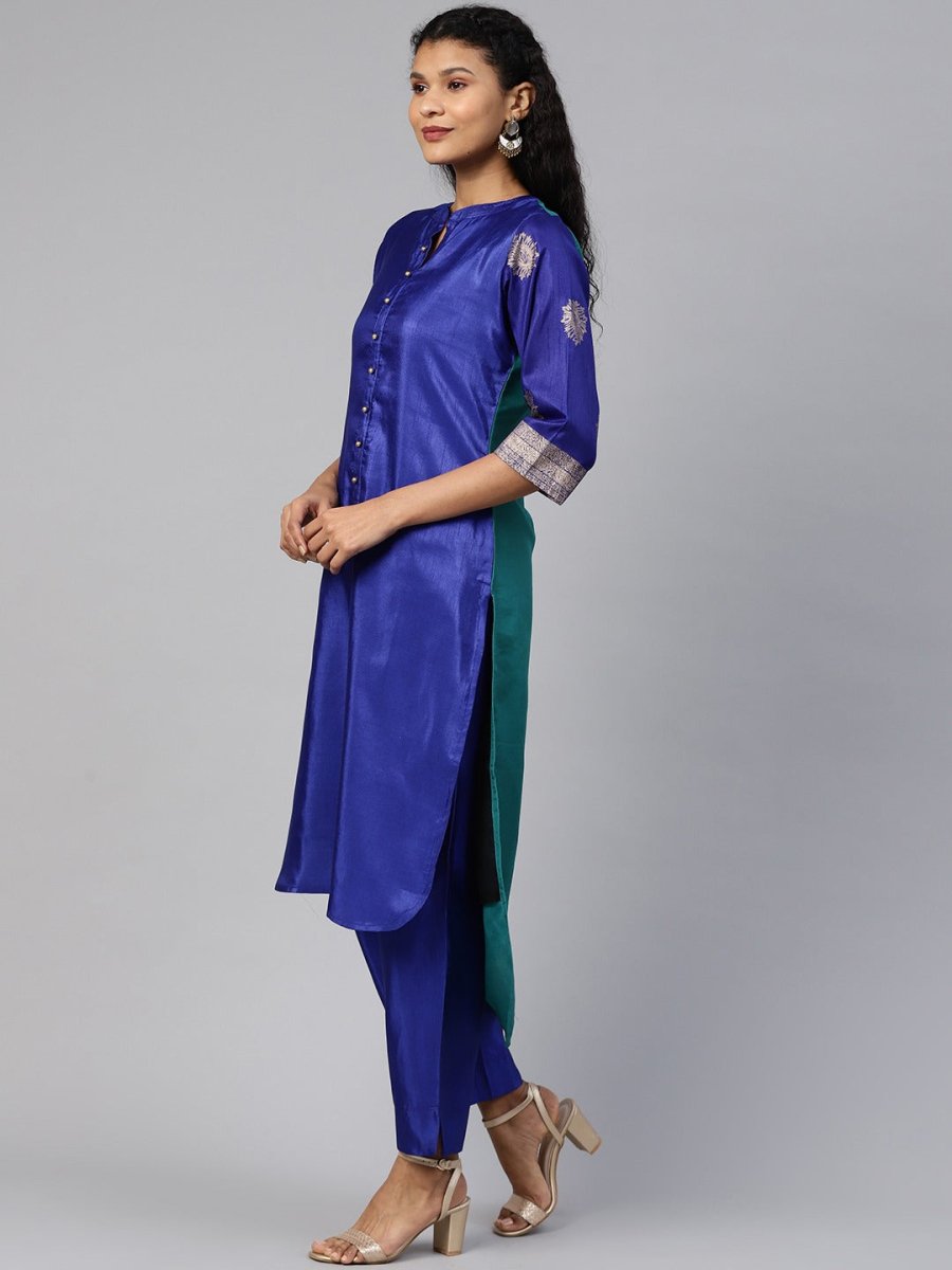 Ahalyaa Women Blue & Green Solid High Low Kurta with Trousers