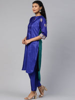 Thumbnail for Ahalyaa Women Blue & Green Solid High Low Kurta with Trousers