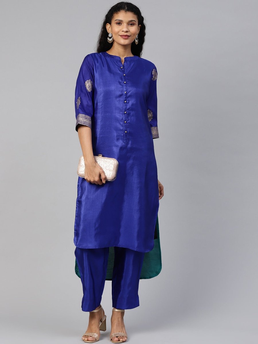 Ahalyaa Women Blue & Green Solid High Low Kurta with Trousers