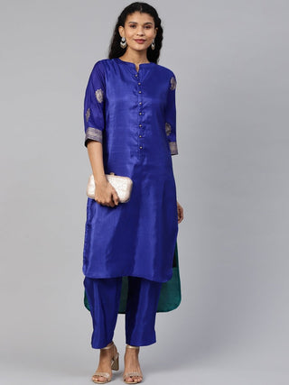 Ahalyaa Women Blue & Green Solid High Low Kurta with Trousers