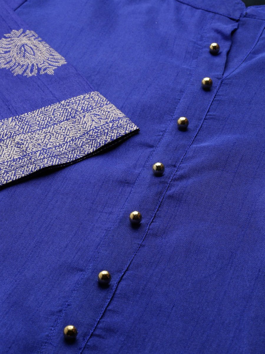 Ahalyaa Women Blue & Green Solid High Low Kurta with Trousers
