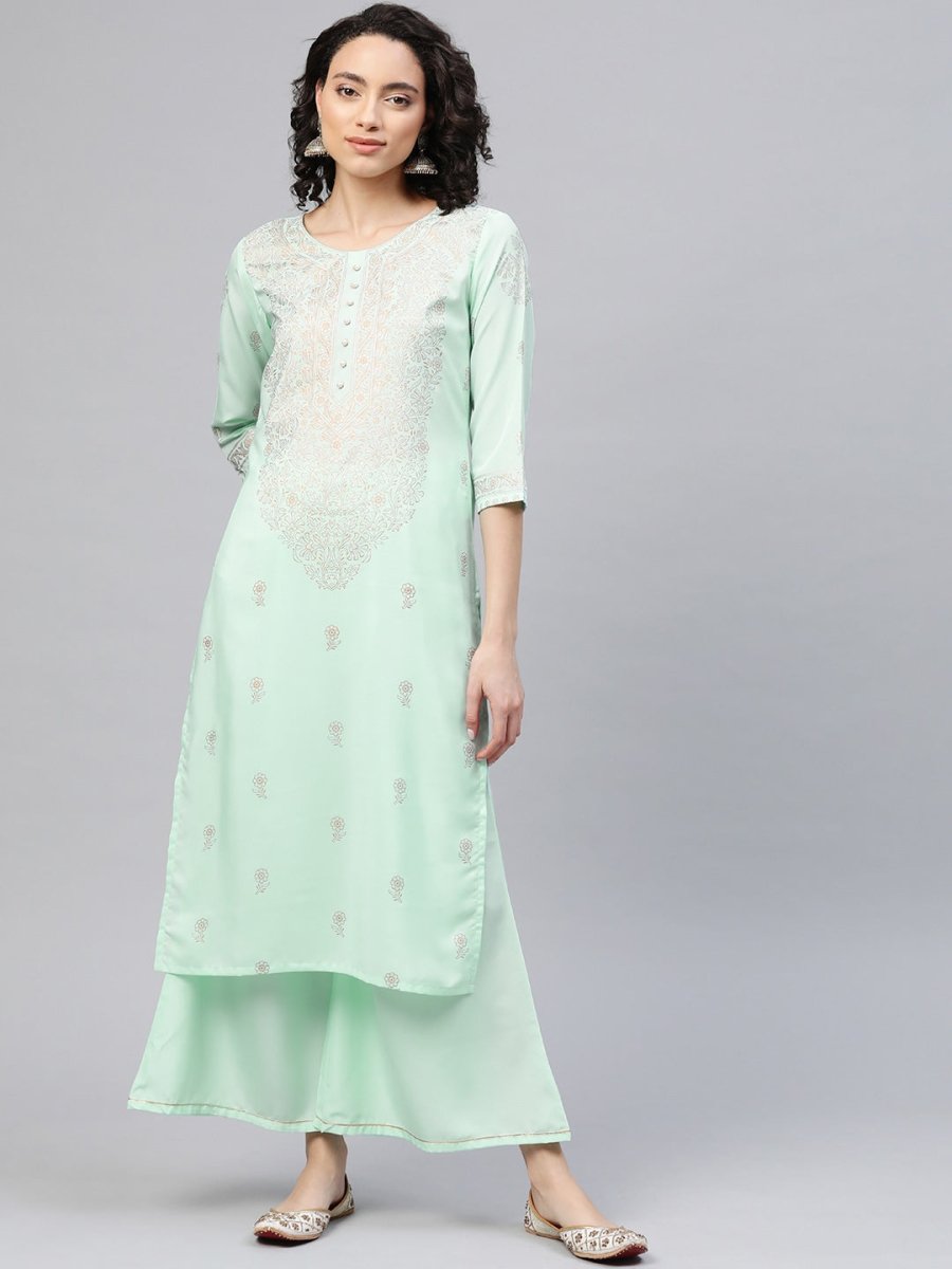 Ahalyaa Women Sea Green & Golden Printed Kurta With Palazzo