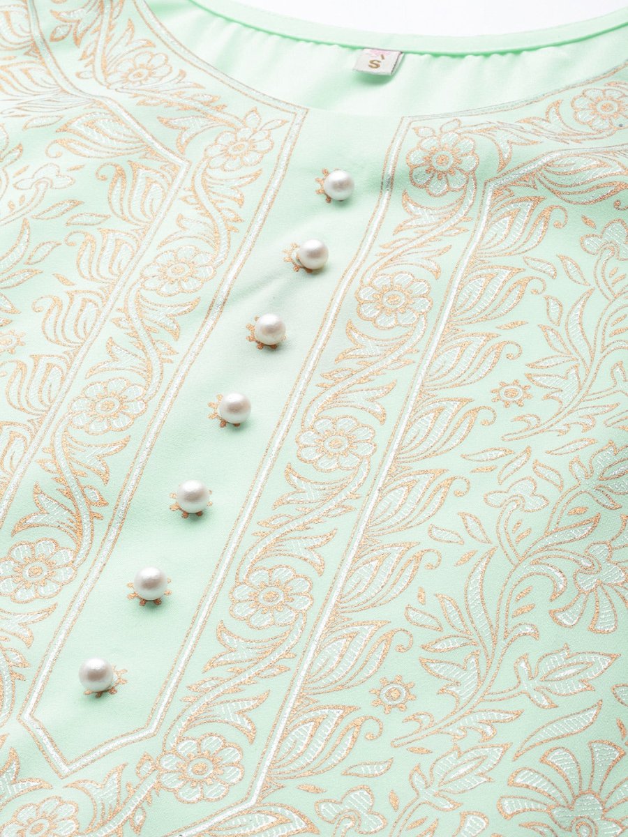 Ahalyaa Women Sea Green & Golden Printed Kurta With Palazzo