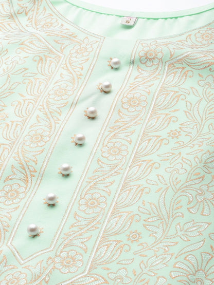 Ahalyaa Women Sea Green & Golden Printed Kurta With Palazzo