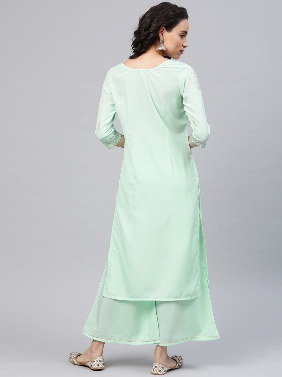 Ahalyaa Women Sea Green & Golden Printed Kurta With Palazzo