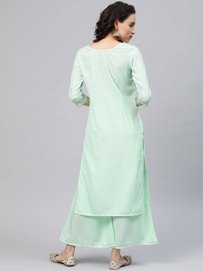 Ahalyaa Women Sea Green & Golden Printed Kurta With Palazzo