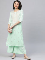 Thumbnail for Ahalyaa Women Sea Green & Golden Printed Kurta With Palazzo