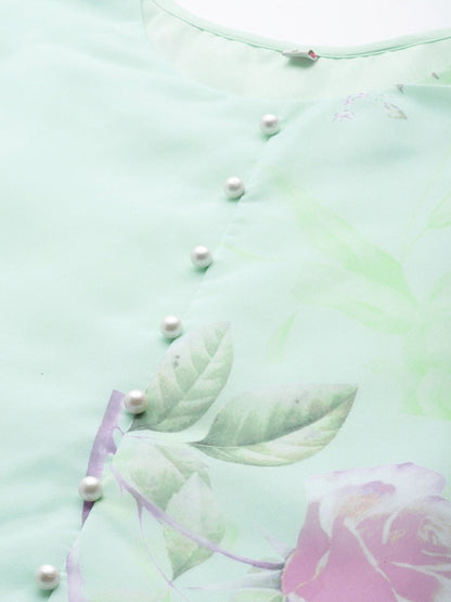 Ahalyaa Blue & Pink Floral Print Kurta With Palazzo