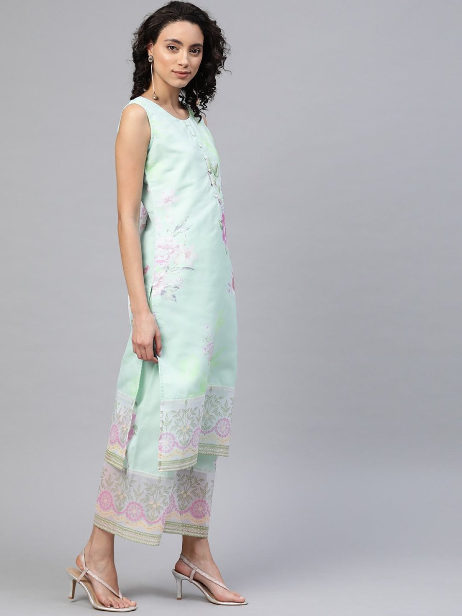 Ahalyaa Blue & Pink Floral Print Kurta With Palazzo