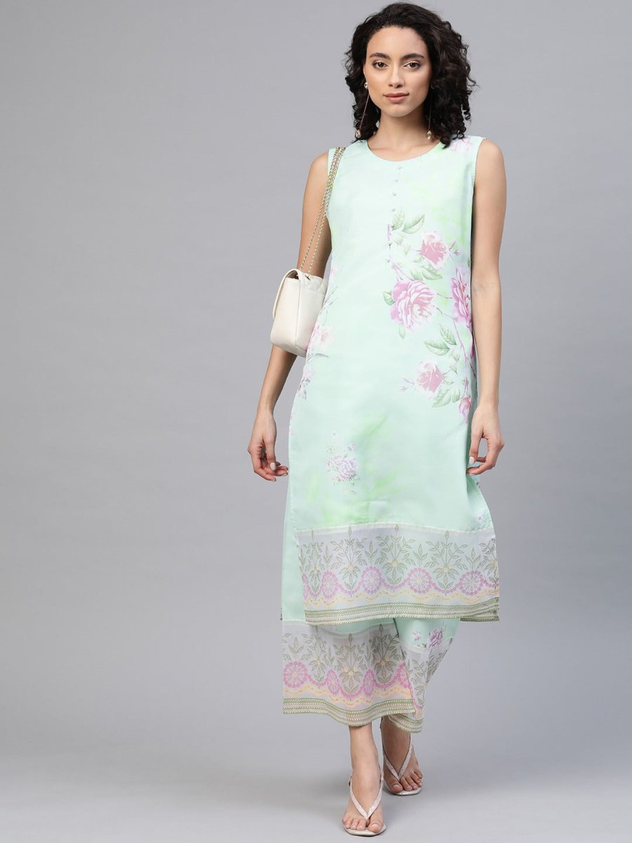 Ahalyaa Blue & Pink Floral Print Kurta With Palazzo