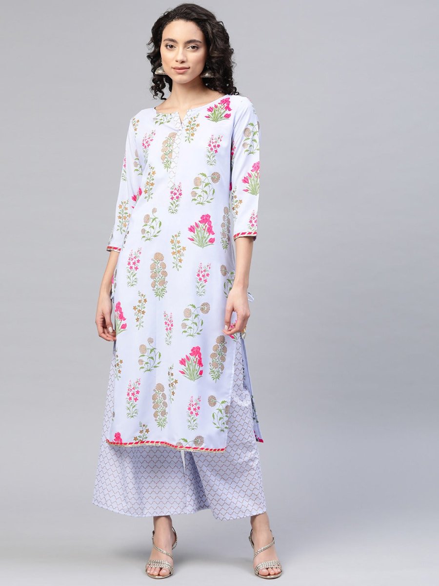 Ahalyaa Women Blue & Pink Floral Print Kurta With Palazzo