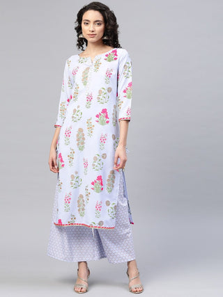 Ahalyaa Women Blue & Pink Floral Print Kurta With Palazzo