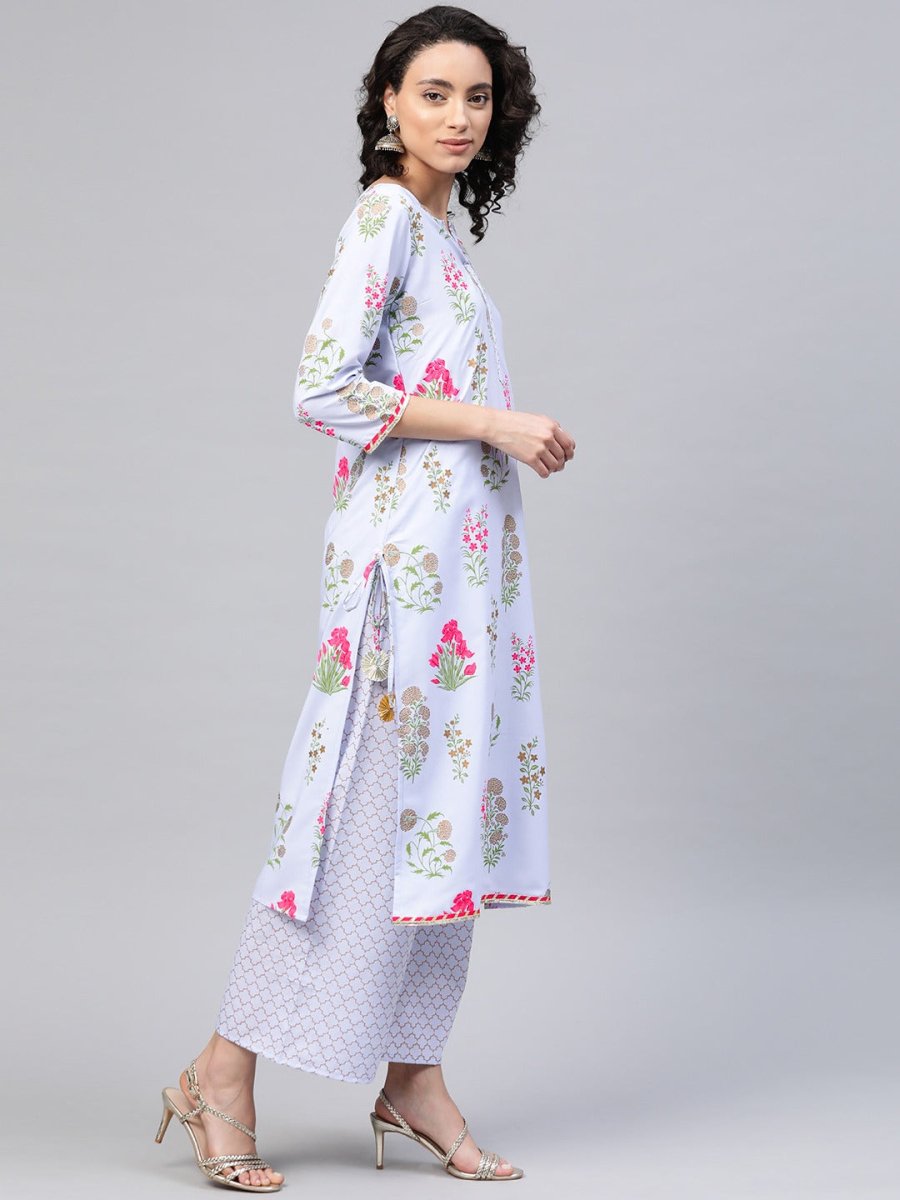 Ahalyaa Women Blue & Pink Floral Print Kurta With Palazzo
