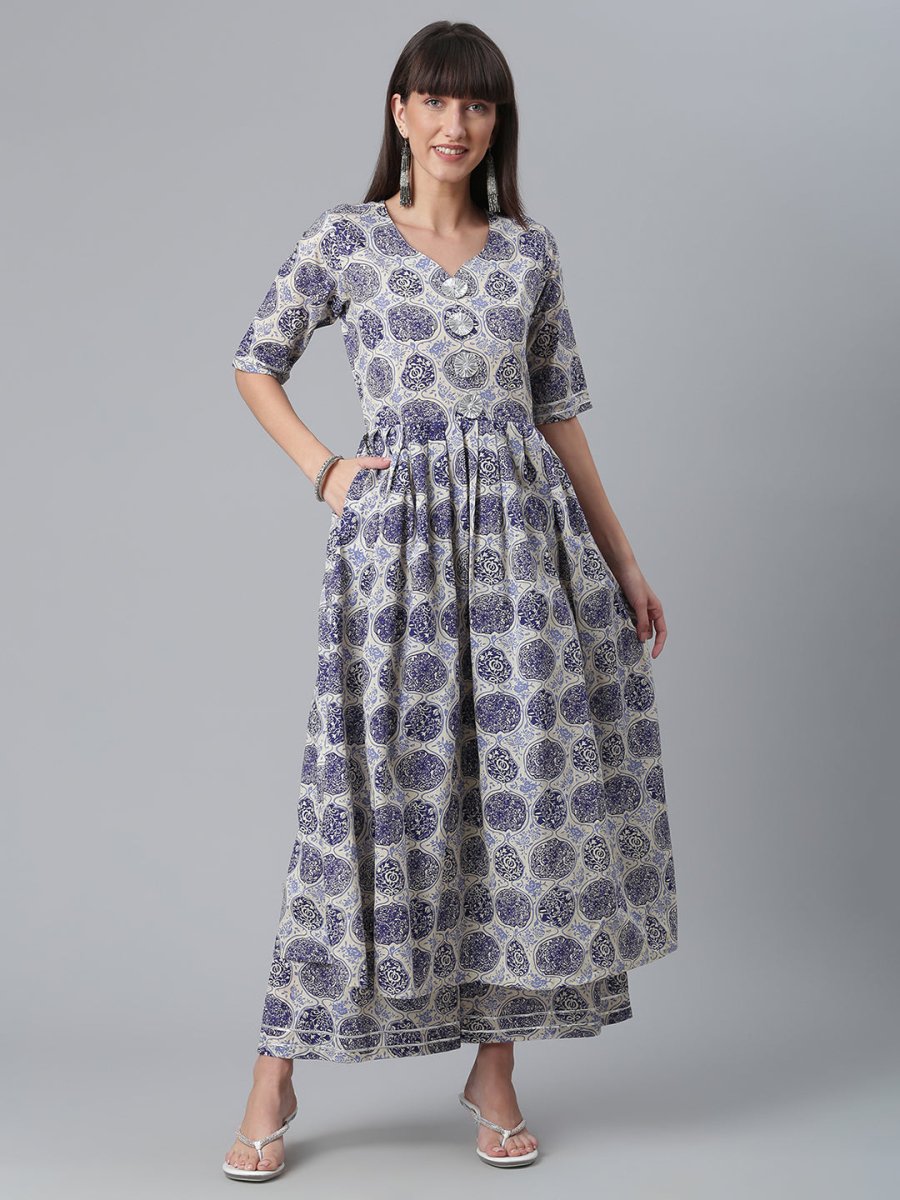 Ahalyaa Blue & Off-White Pure Cotton Printed Kurta with Palazzo