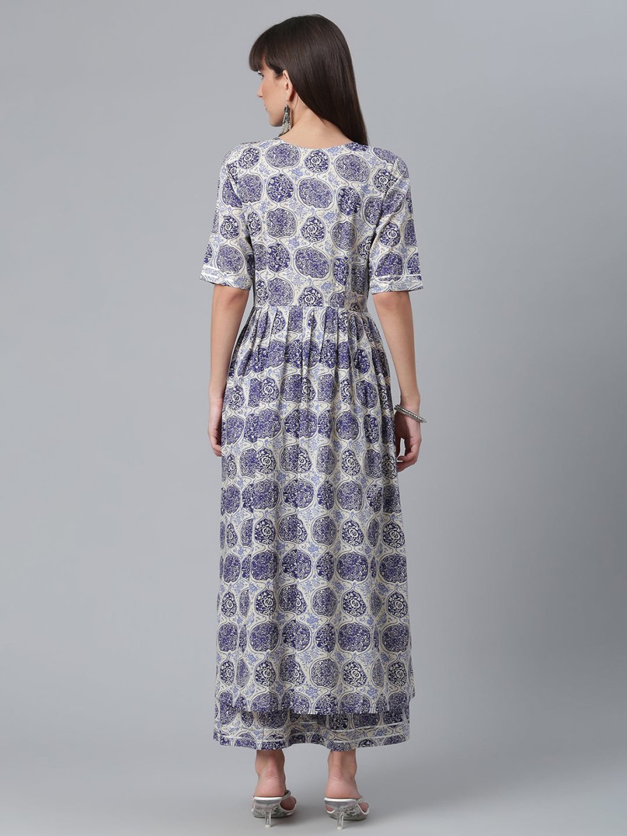 Ahalyaa Blue & Off-White Pure Cotton Printed Kurta with Palazzo