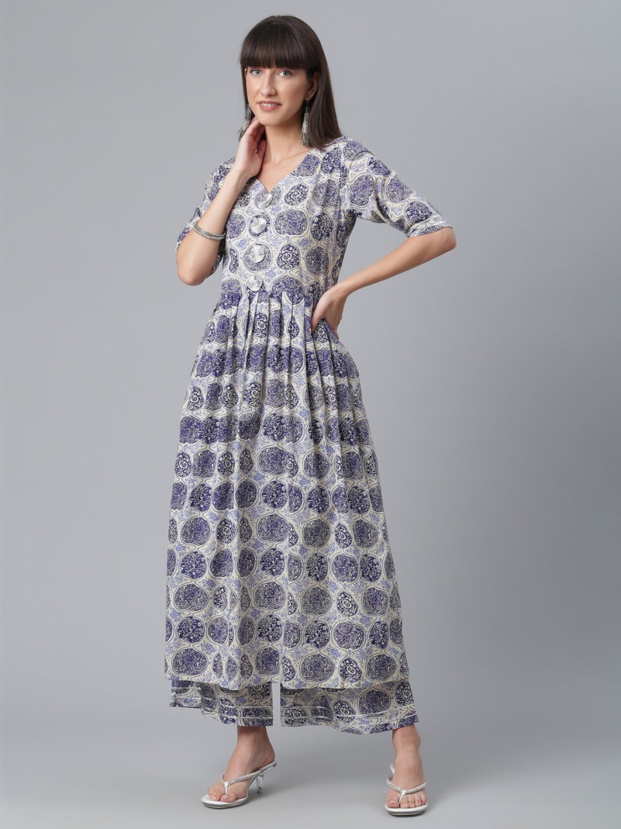 Ahalyaa Blue & Off-White Pure Cotton Printed Kurta with Palazzo