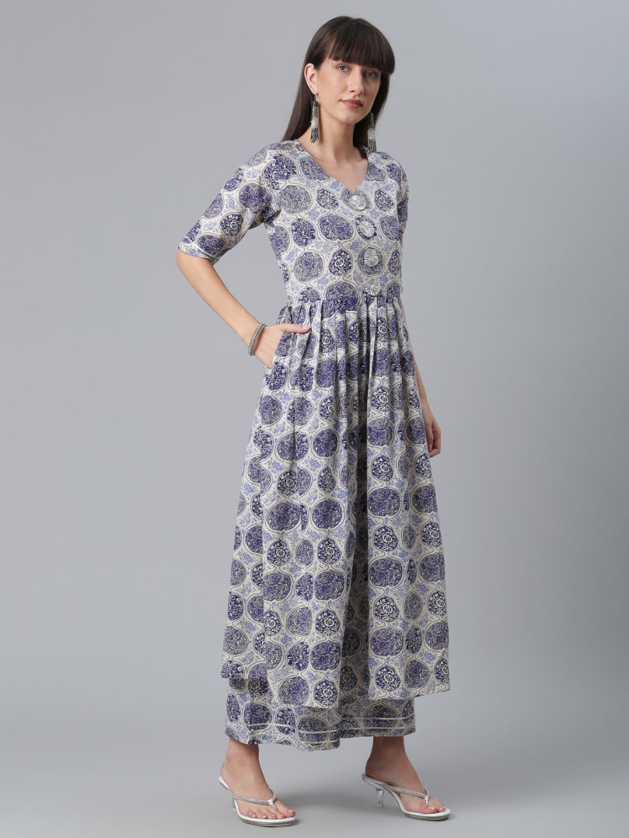 Ahalyaa Blue & Off-White Pure Cotton Printed Kurta with Palazzo