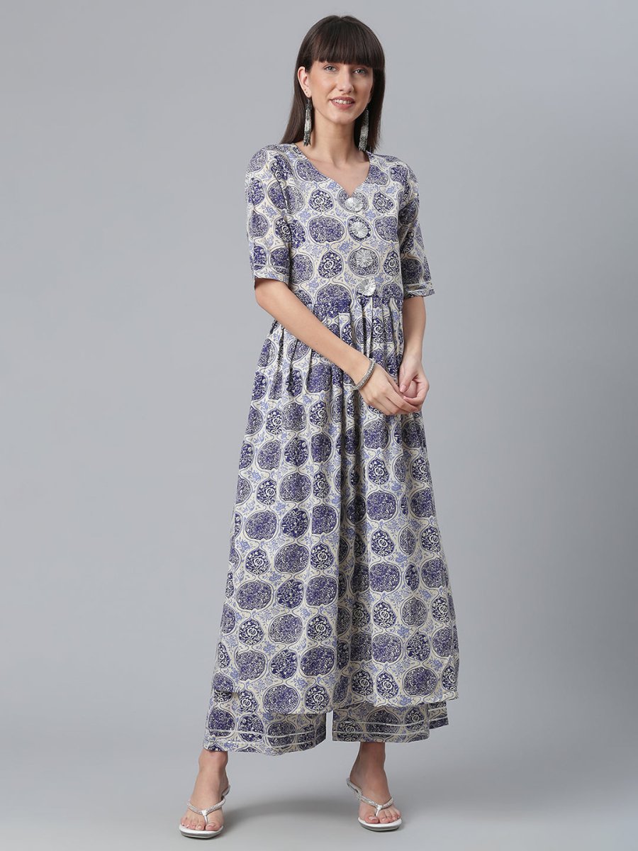 Ahalyaa Blue & Off-White Pure Cotton Printed Kurta with Palazzo
