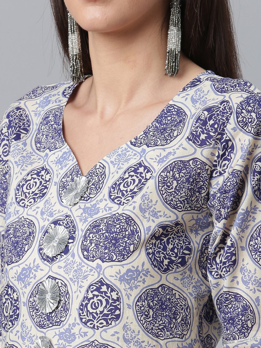 Ahalyaa Blue & Off-White Pure Cotton Printed Kurta with Palazzo