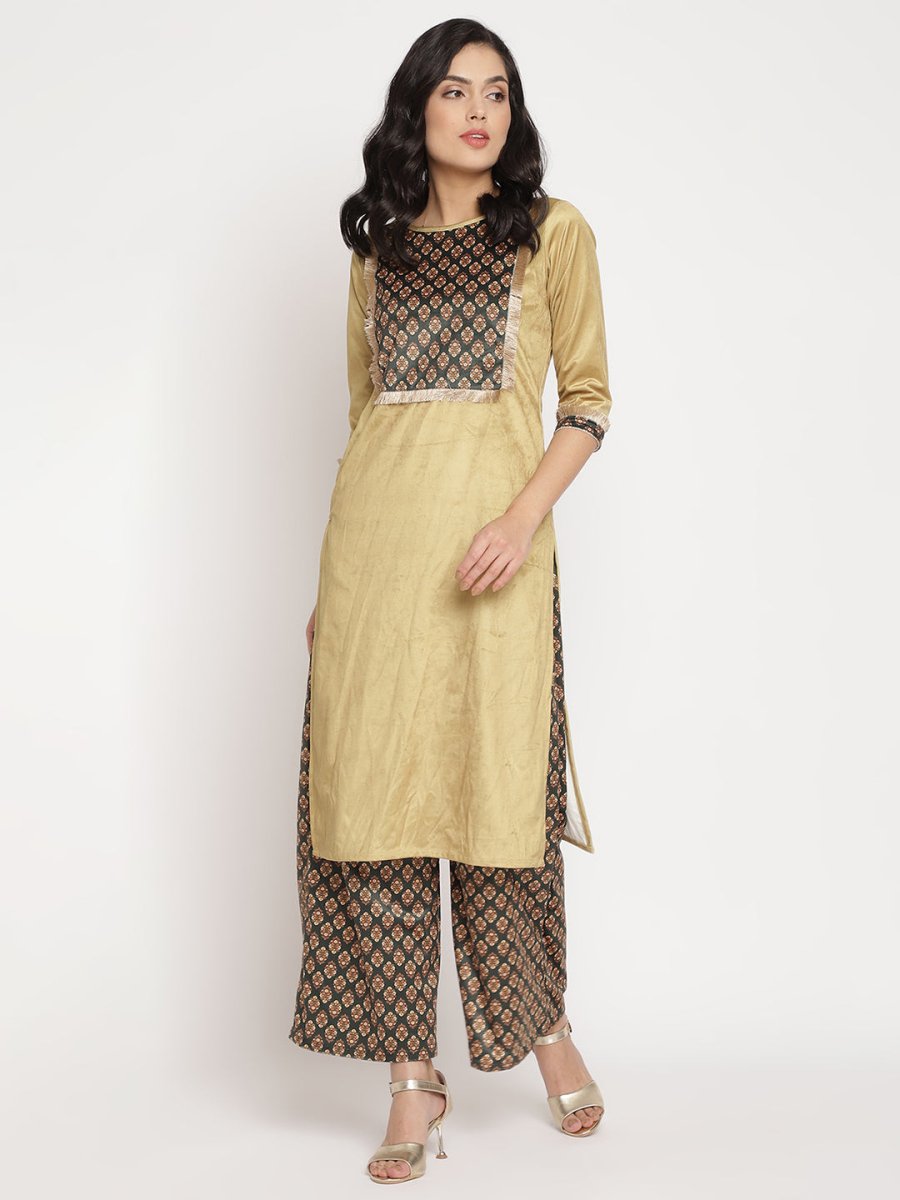 Ahalyaa Women's Mustard Color Digital Print Velvet Kurta With Palazzo - Distacart
