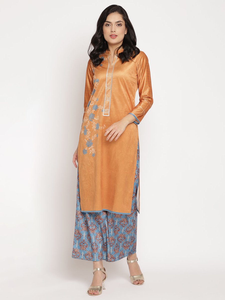 Ahalyaa Women's Orange Color Digital Print Velvet Kurta With Palazzo
