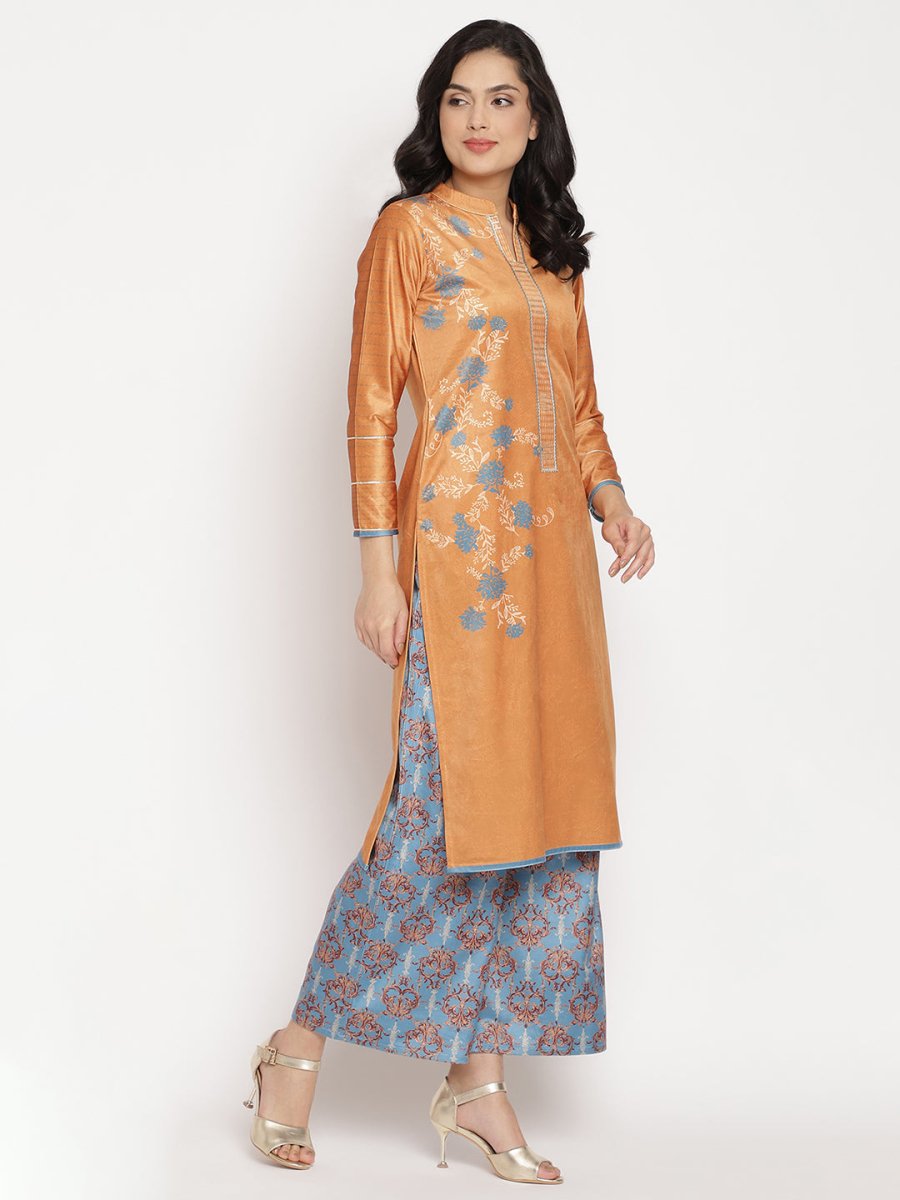 Ahalyaa Women's Orange Color Digital Print Velvet Kurta With Palazzo